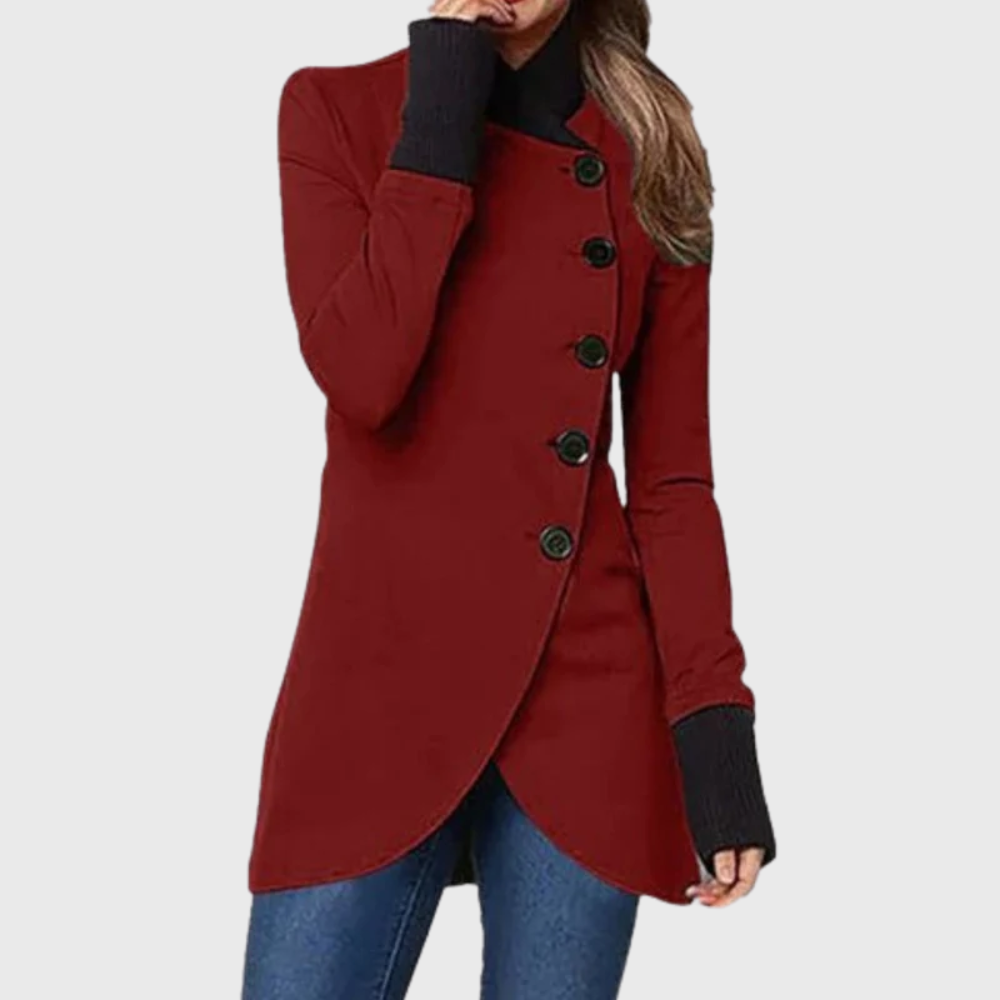 Stand Collar Asymmetric Button Wrap Hem Longline Coat