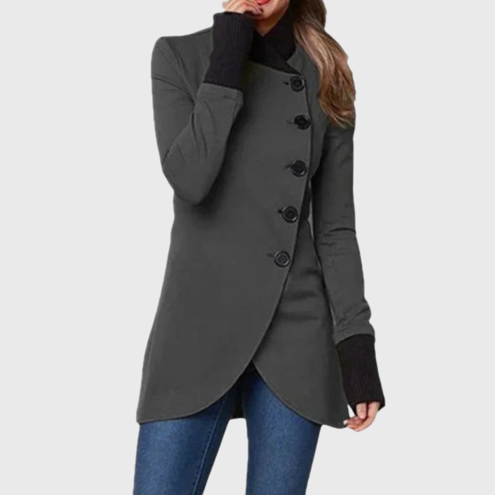 Stand Collar Asymmetric Button Wrap Hem Longline Coat