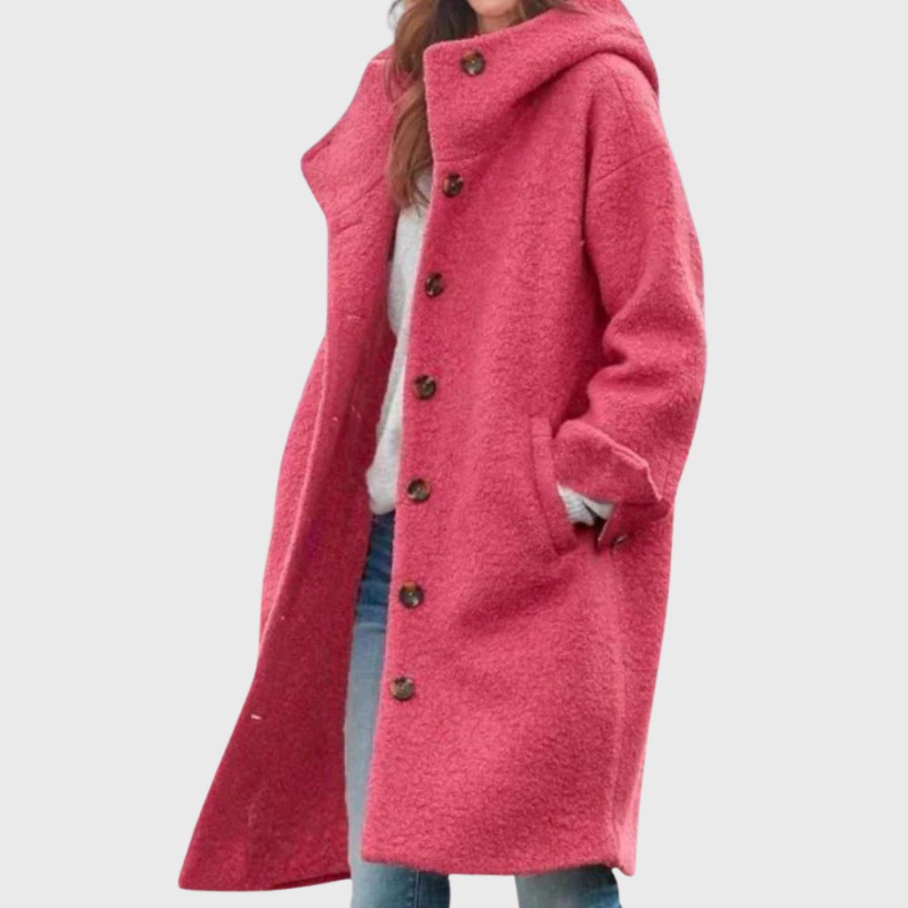 Hooded Button Front Longline Wool Look Coat