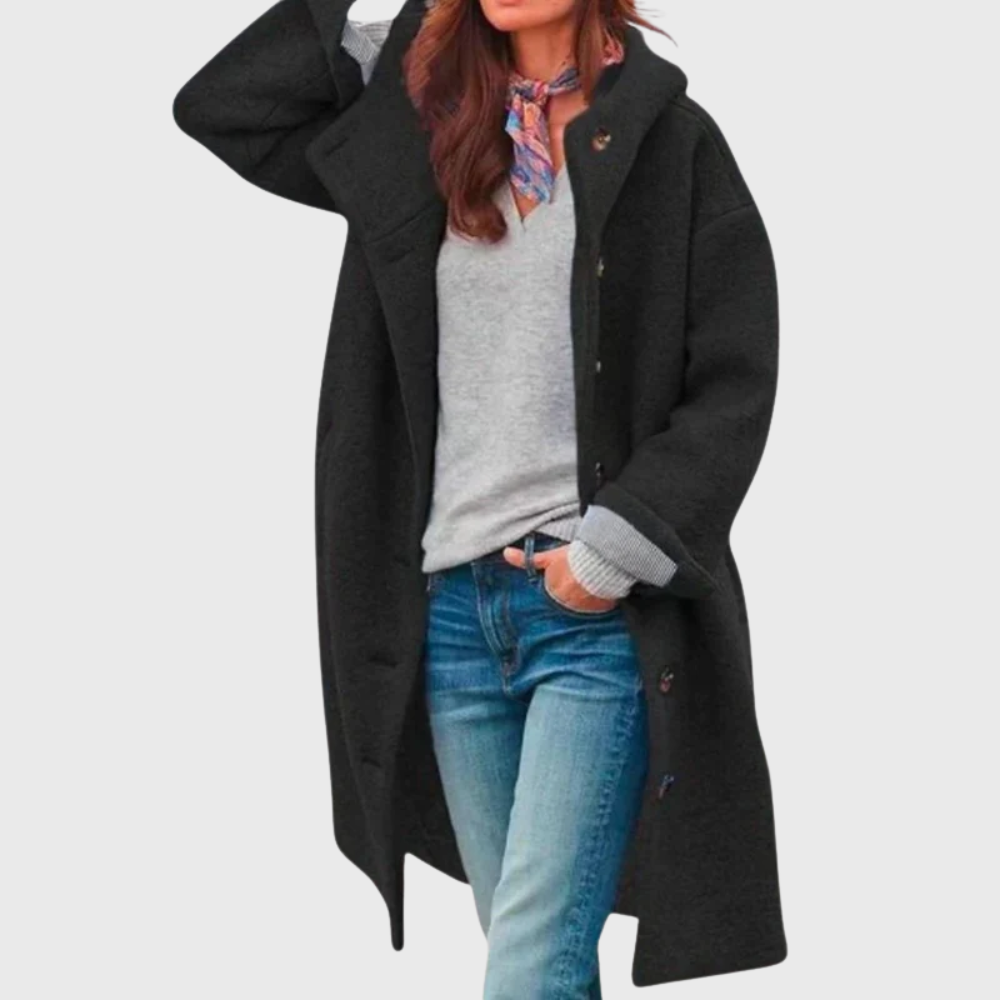 Hooded Button Front Longline Wool Look Coat