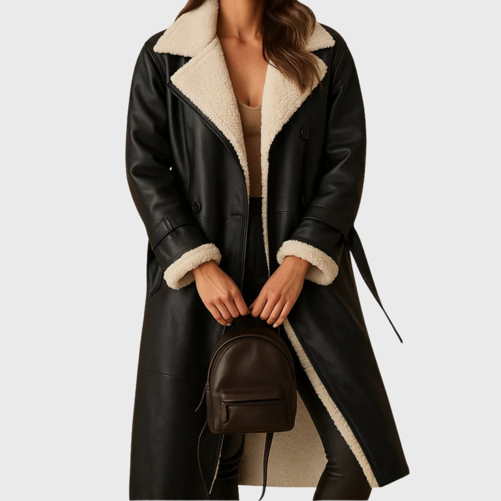 Faux Fur Lined Faux Leather Belted Longline Coat