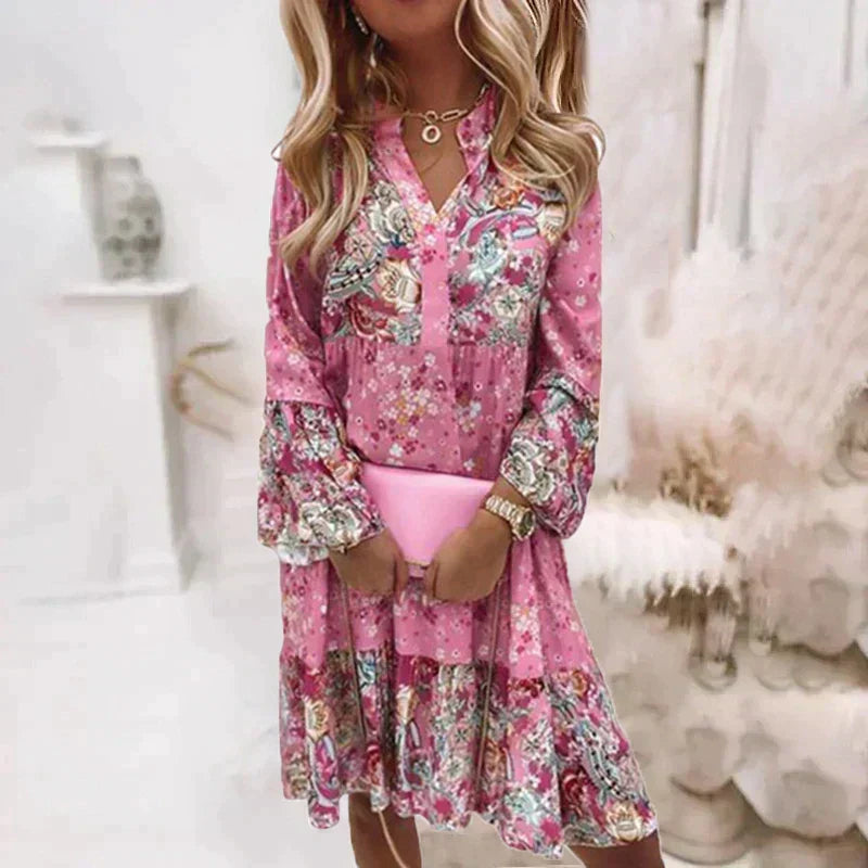 V-Neck Button Front Long Sleeve Tiered Ruffle Cuff Mini Dress