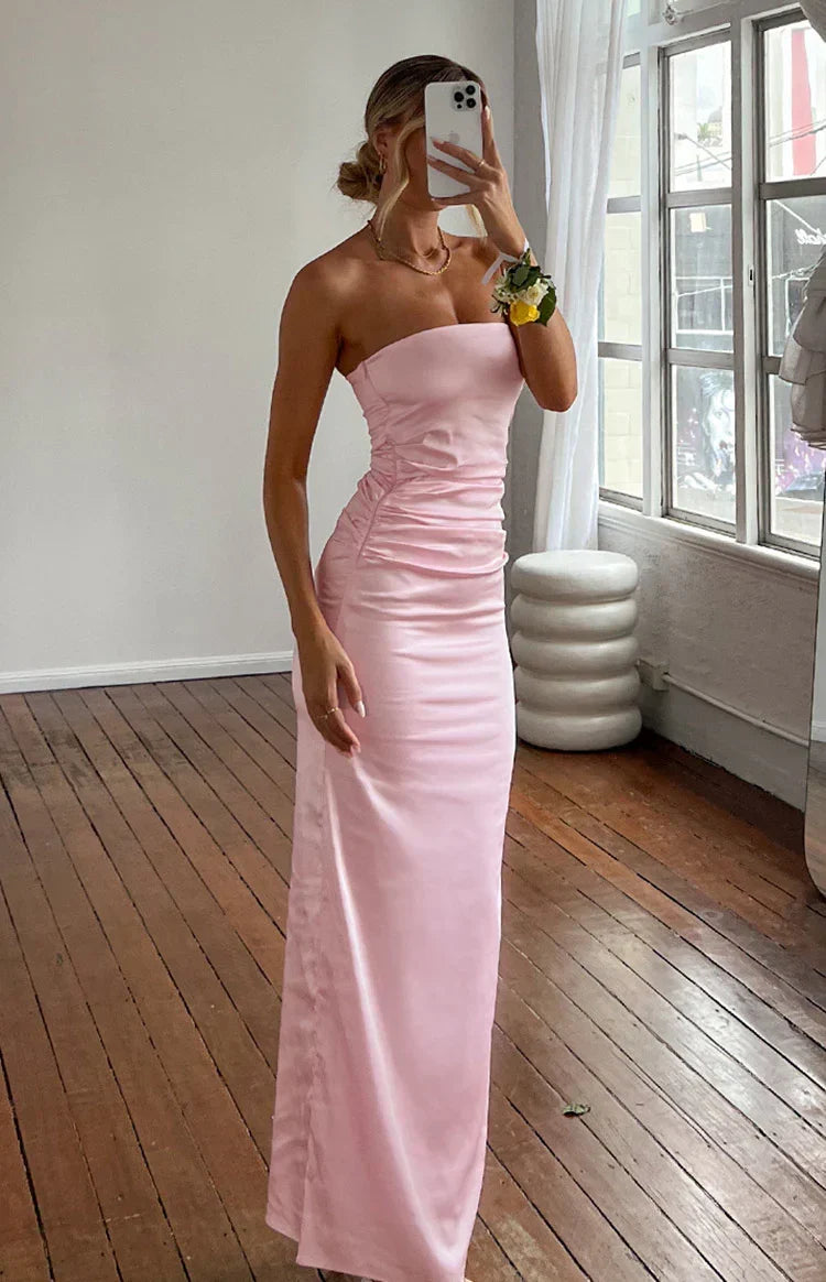 Satin Strapless Ruched Bodycon Maxi Dress 11