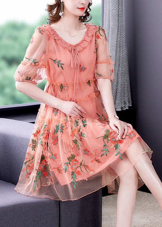 Floral Embroidered Ruffle Neck Puff Sleeve Tulle Midi Dress