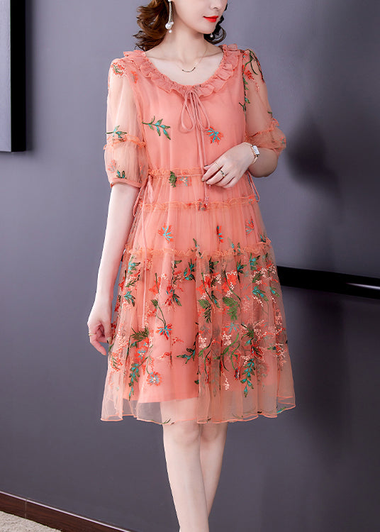 Floral Embroidered Ruffle Neck Puff Sleeve Tulle Midi Dress