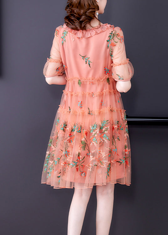 Floral Embroidered Ruffle Neck Puff Sleeve Tulle Midi Dress