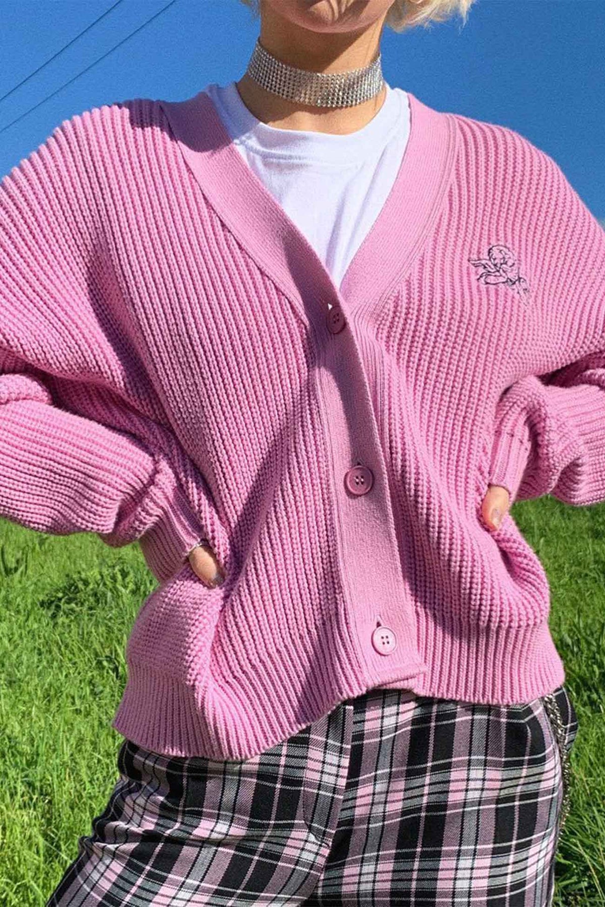 V-Neck Button Front Embroidered Oversized Ribbed Knit Cardigan