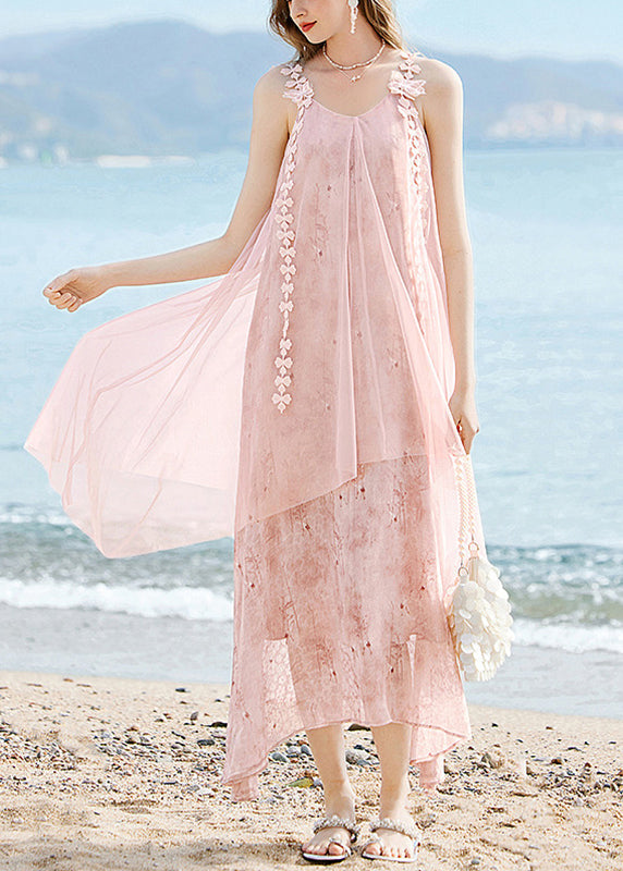 Spaghetti Strap V-Neck 3D Floral Appliqué Tassel Trim Mesh Layer Maxi Dress