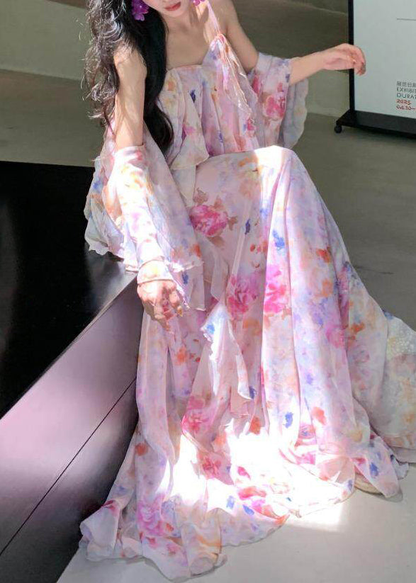 Spaghetti Strap Floral Chiffon Tiered Flowy Maxi Dress