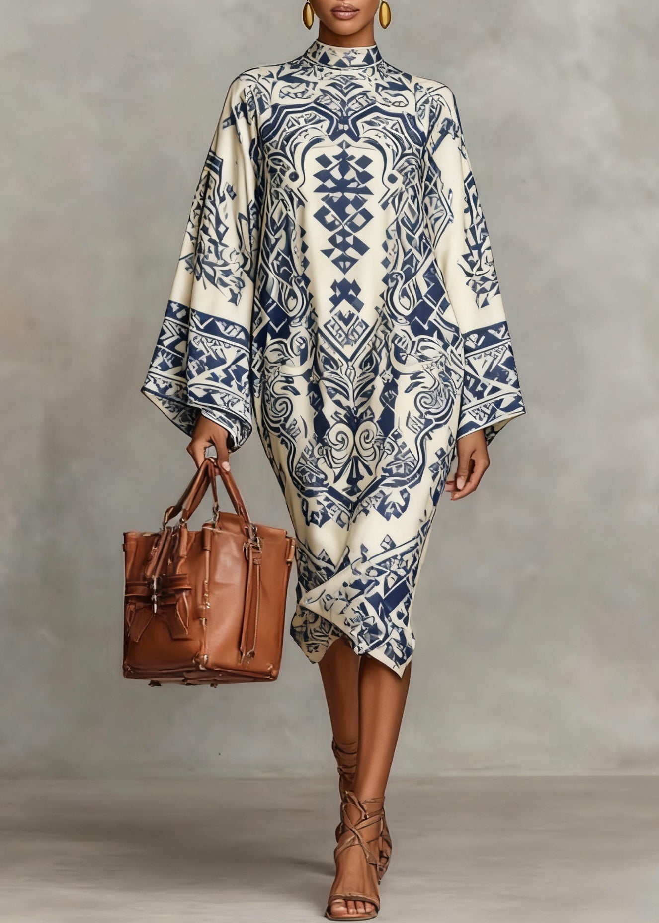 Mock Neck Bell Sleeve Tulip Hem Kaftan Midi Dress