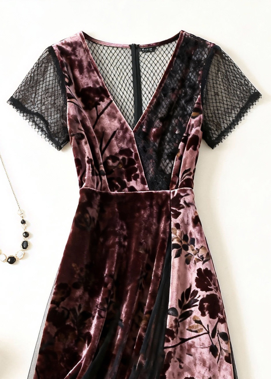Floral Burnout Velvet Deep V-Neck Mesh Sleeve Lace Trim A-Line Midi Dress