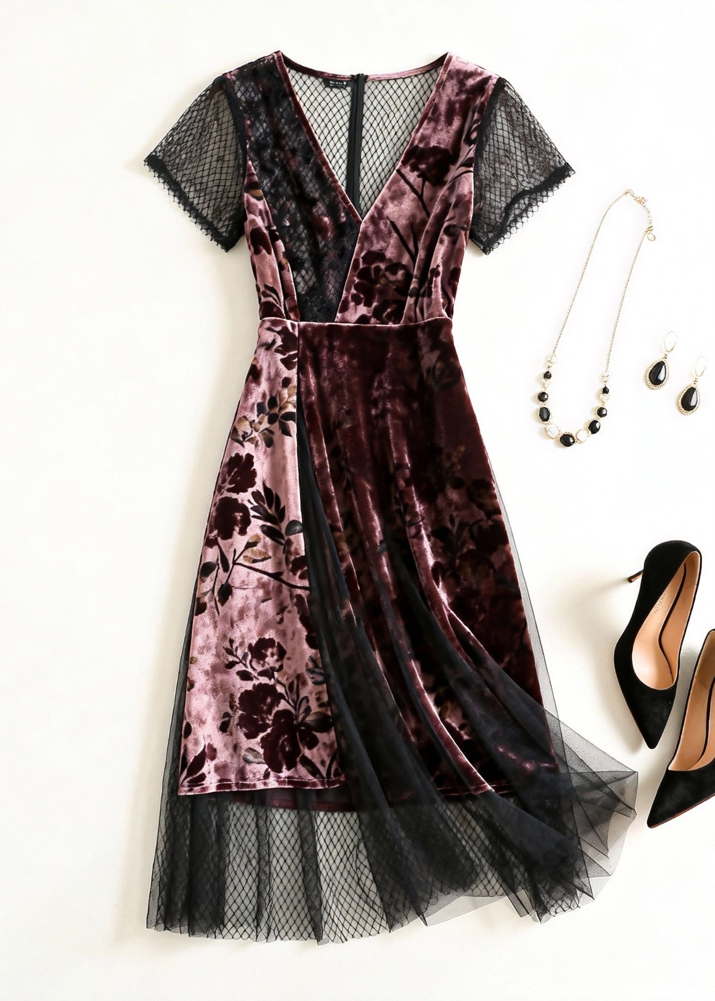 Floral Burnout Velvet Deep V-Neck Mesh Sleeve Lace Trim A-Line Midi Dress