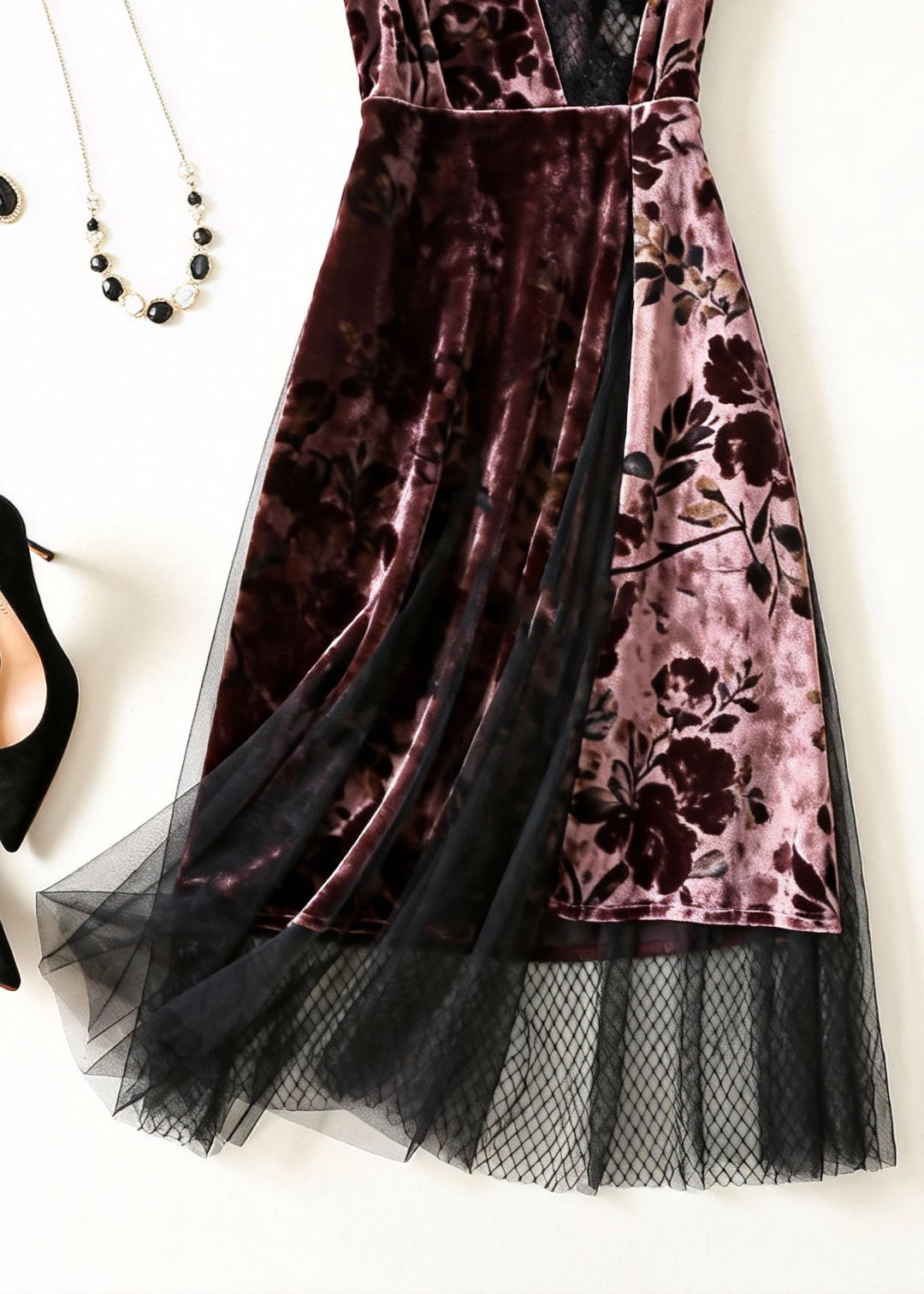Floral Burnout Velvet Deep V-Neck Mesh Sleeve Lace Trim A-Line Midi Dress