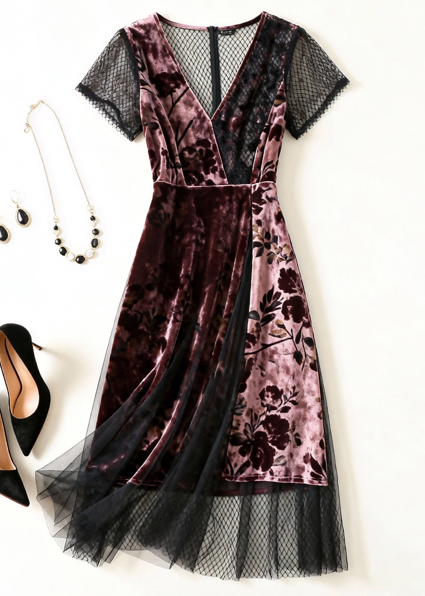 Floral Burnout Velvet Deep V-Neck Mesh Sleeve Lace Trim A-Line Midi Dress