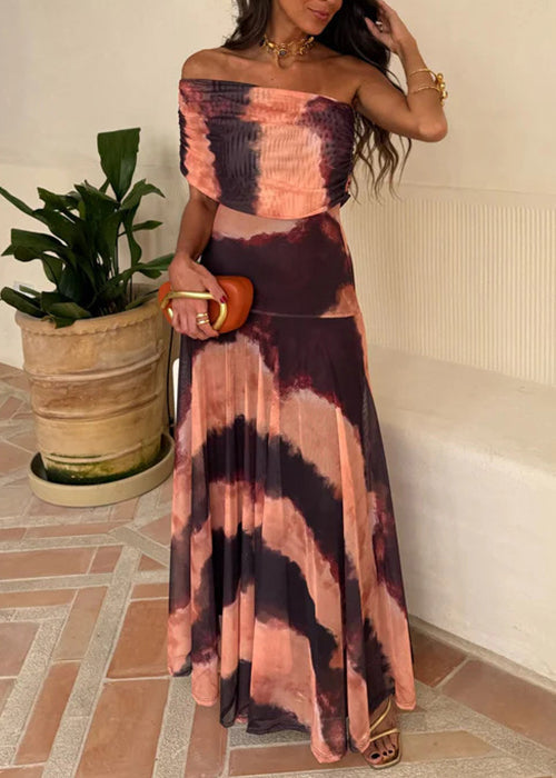 Tie Dye One Shoulder Tulle Ruched Bodice Pleated Maxi Dress