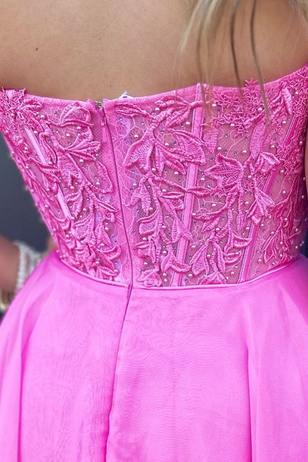 Pink A-Line Strapless Lace Top Short Tulle Homecoming Dress