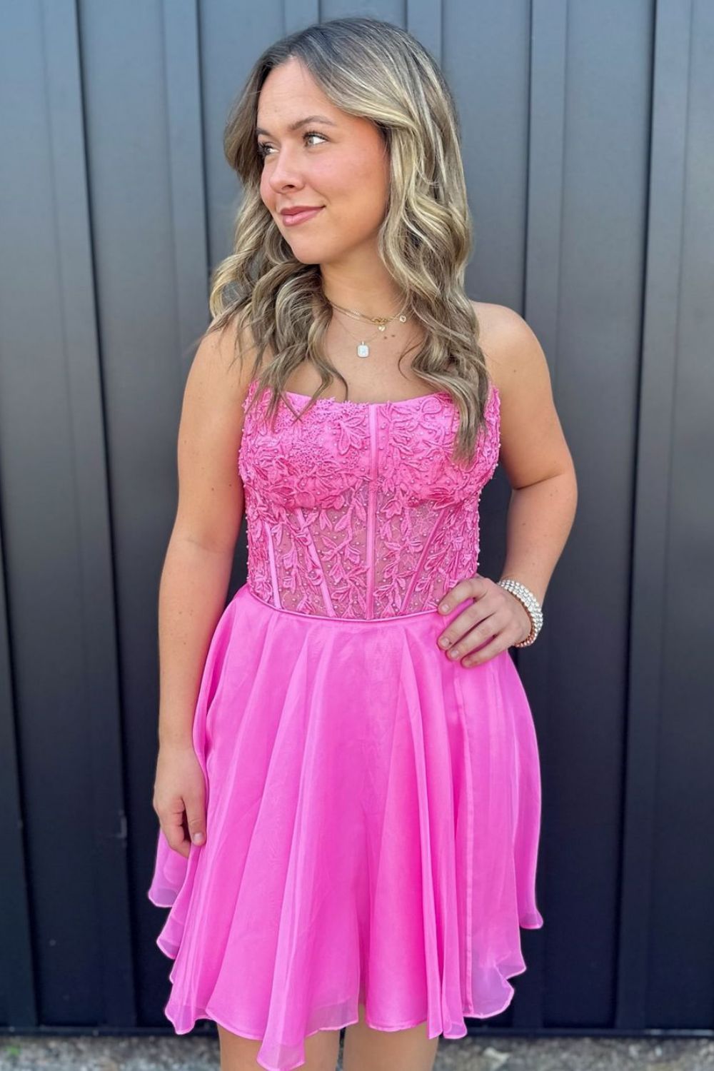 Pink A-Line Strapless Lace Top Short Tulle Homecoming Dress