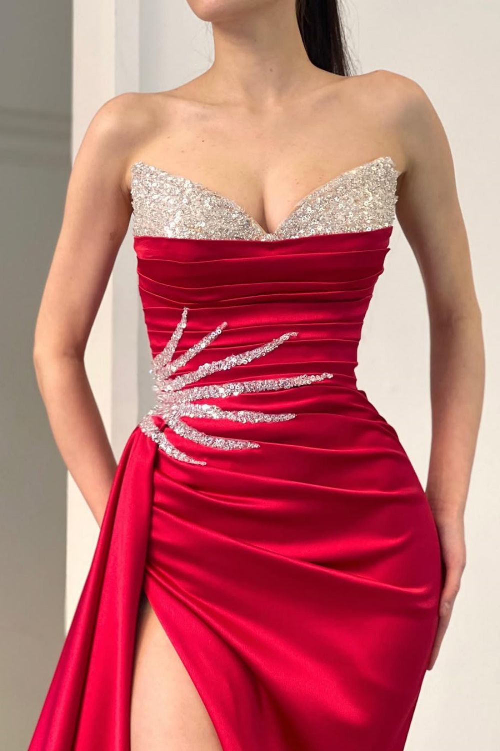 Pink Mermaid Strapless Long Satin Formal Dress with Sequin and Slit
