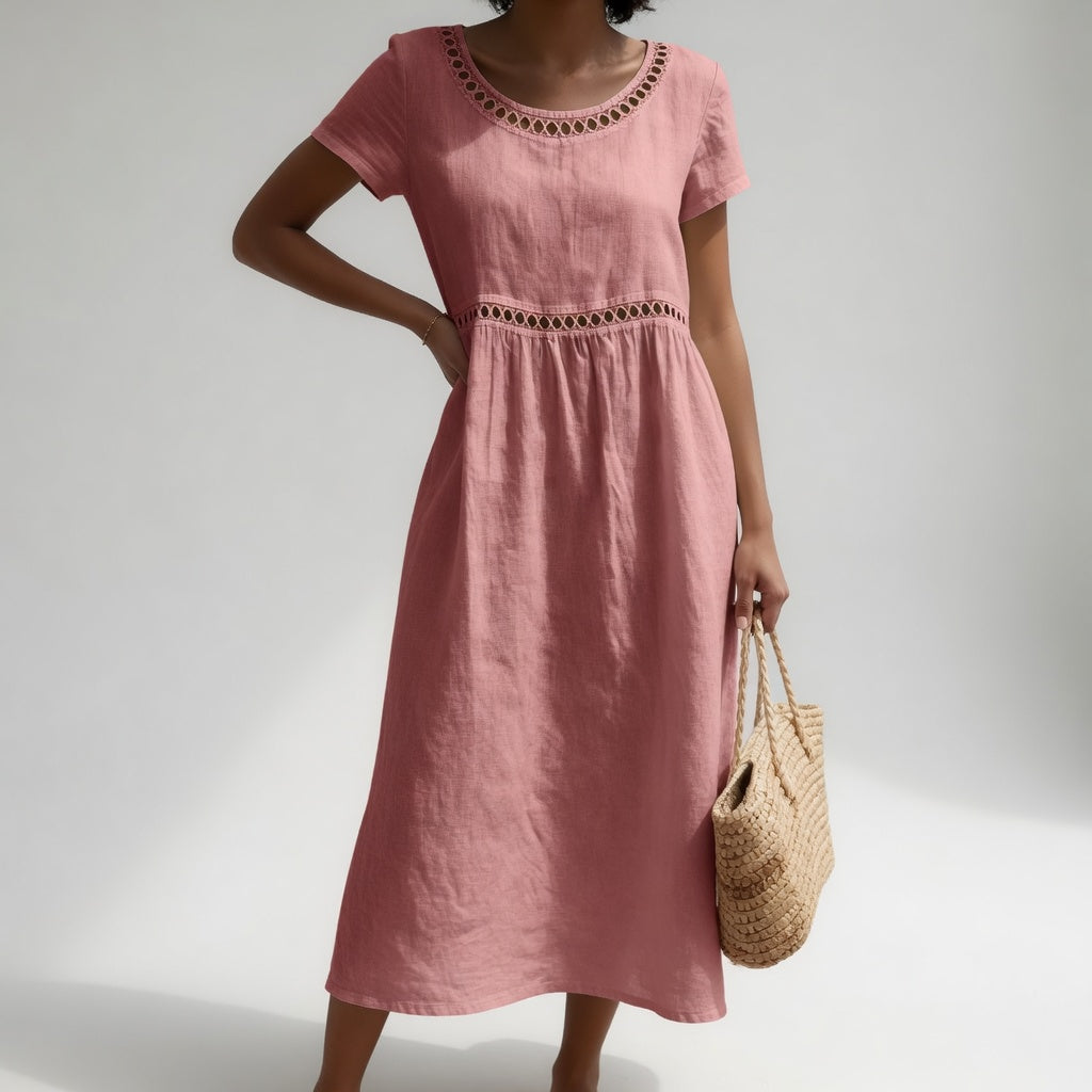 Round Neck Short Sleeve Eyelet Trim Midi Dress 8