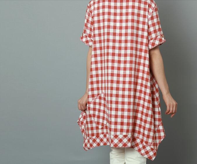 Pink plaid oversize linen sundress Grid summer cotton dress