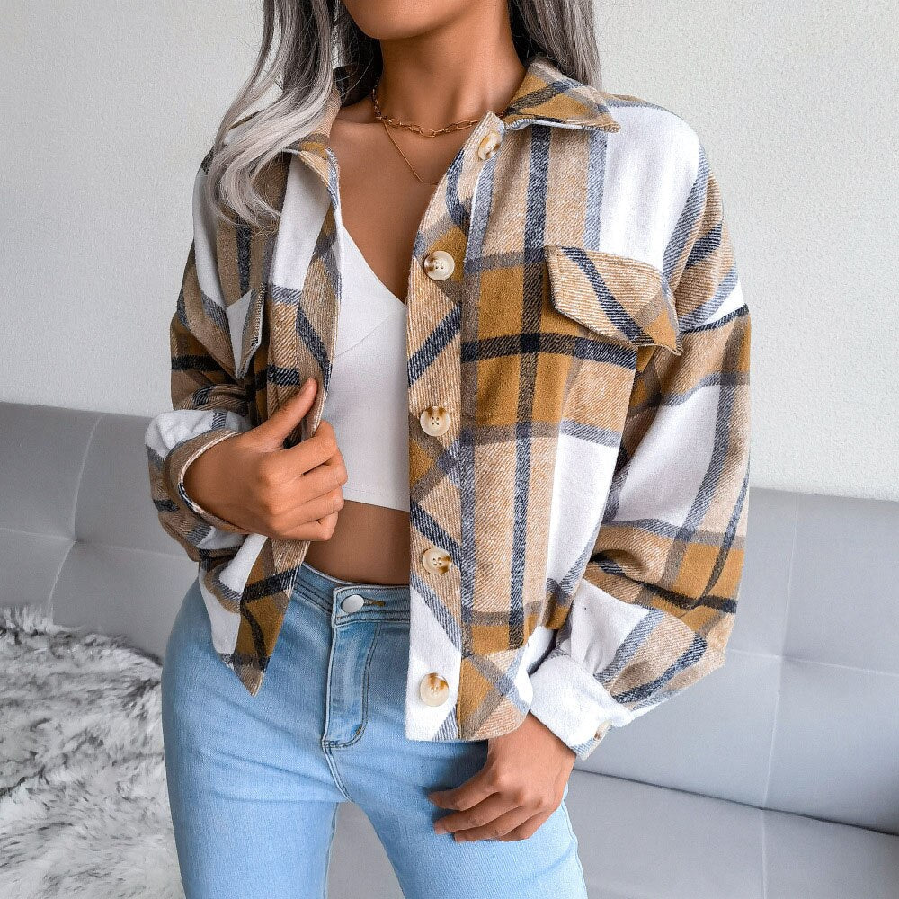 Plaid Button Front Flap Pocket Drop Shoulder Cropped Shirt Jacket 9