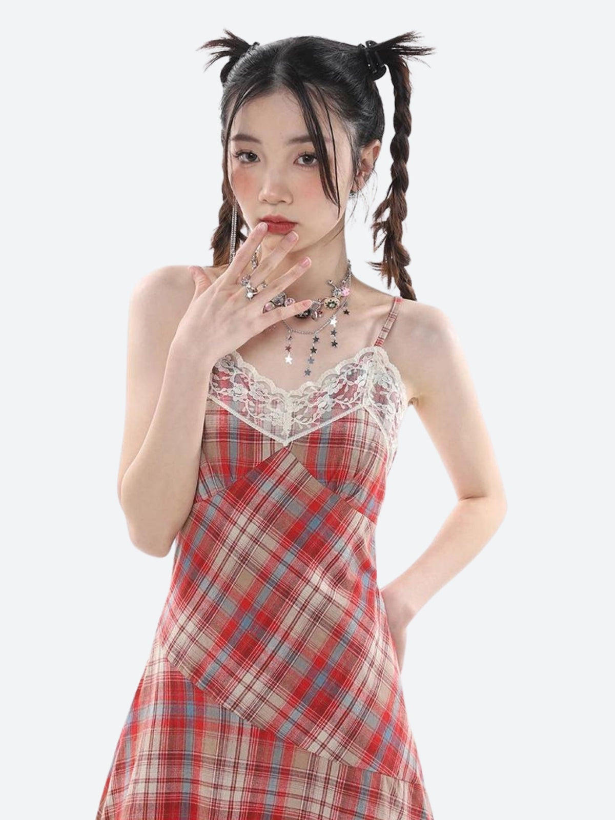 Plaid Lace Trim Spaghetti Strap A-Line Midi Dress 3