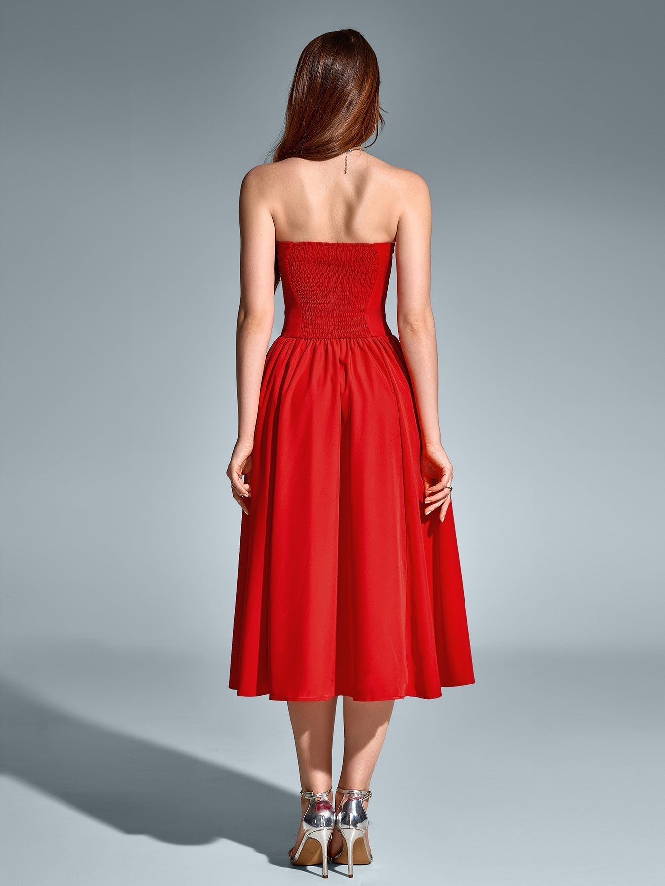 Strapless Sweetheart Corset Fit and Flare Midi Dress