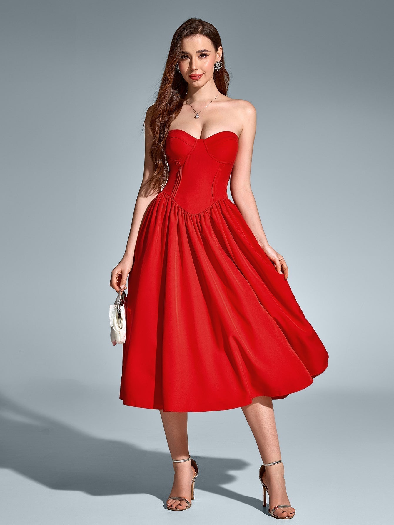 Strapless Sweetheart Corset Fit and Flare Midi Dress