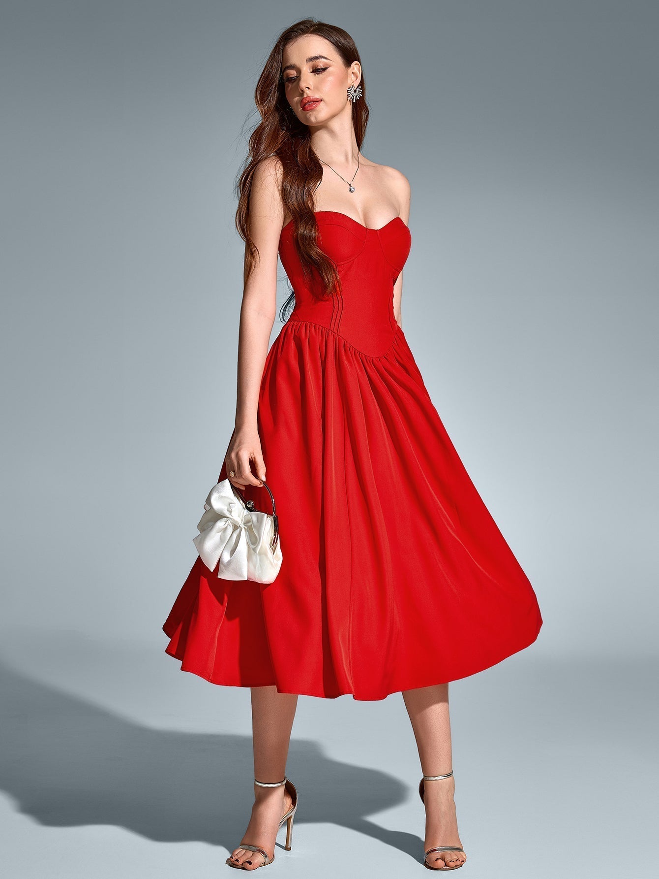 Strapless Sweetheart Corset Fit and Flare Midi Dress