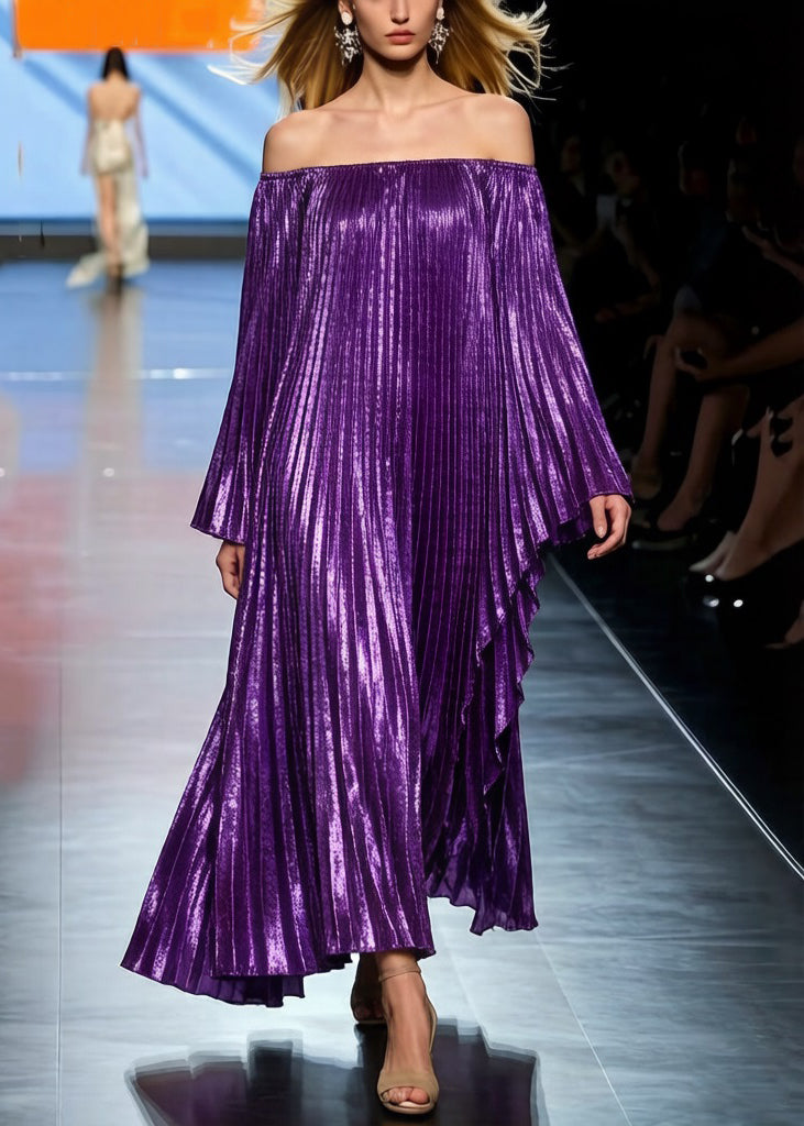 Off Shoulder Pleated Metallic Long Batwing Sleeve Maxi Gown