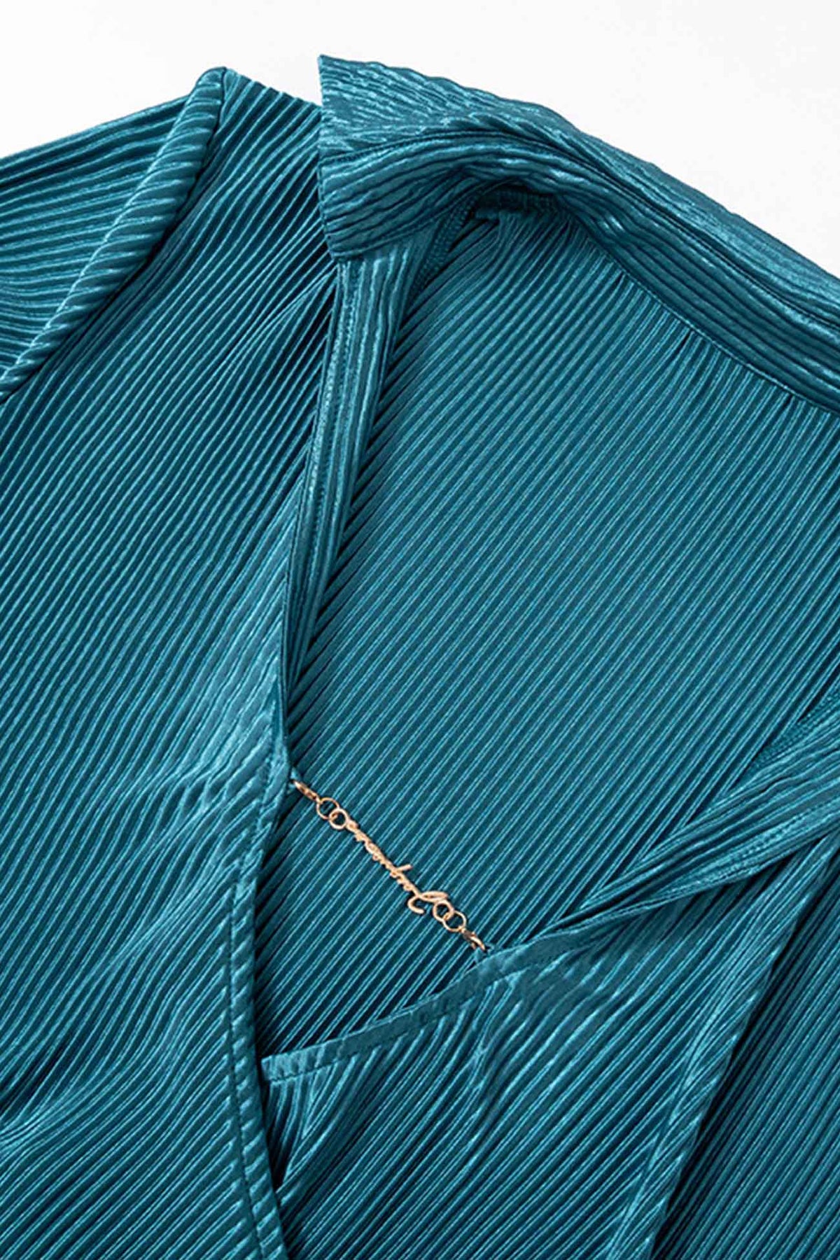 Plisse Pleated Lapel Collar Deep V-Neck Long Sleeve Wrap Mini Dress 6