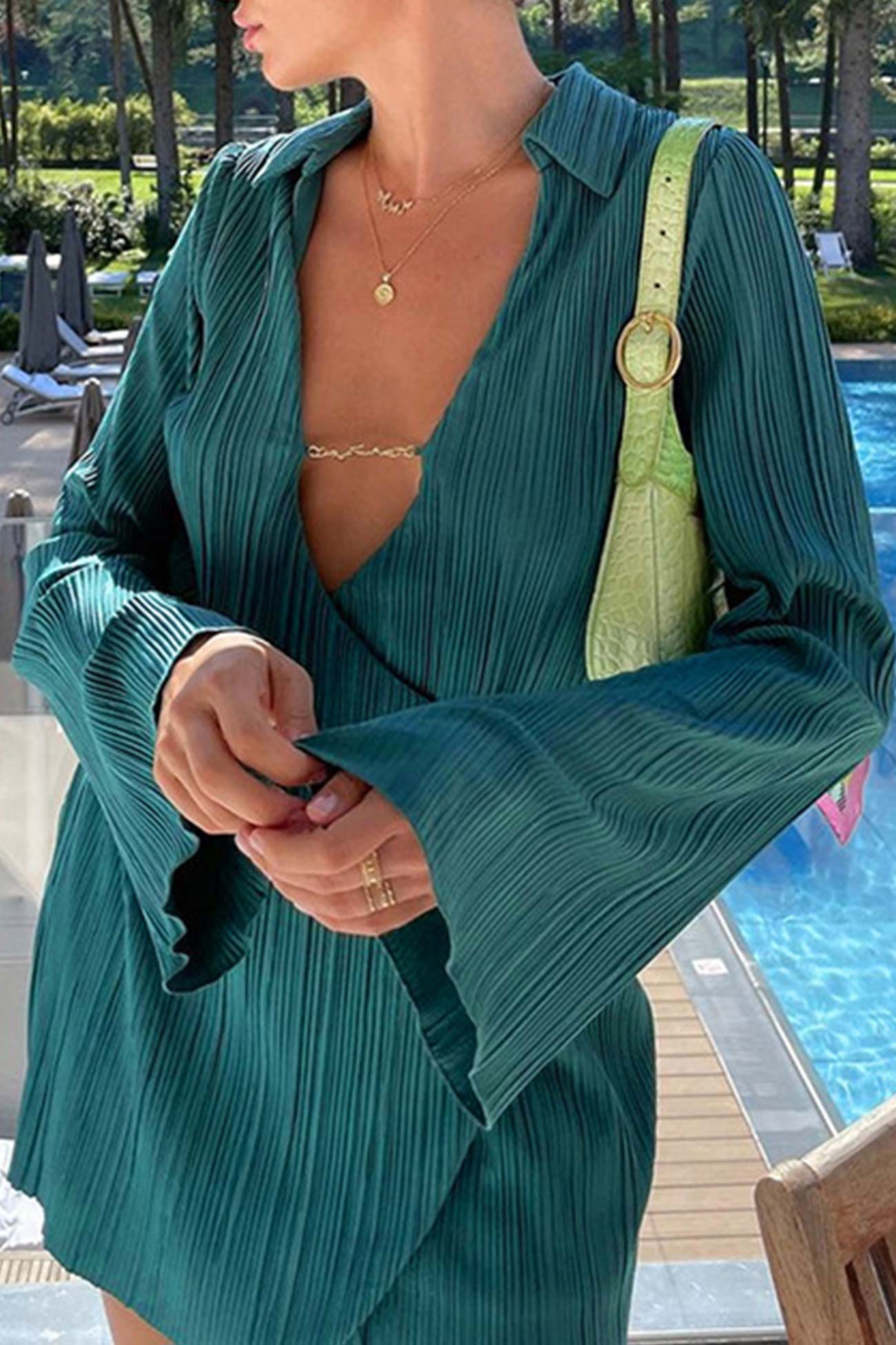 Pleated Lapel Mini Dress With Low Cut