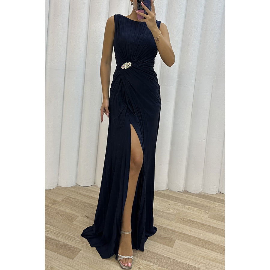 Pleated Sleeveless Ruched Waist Brooch High Split Maxi Dress