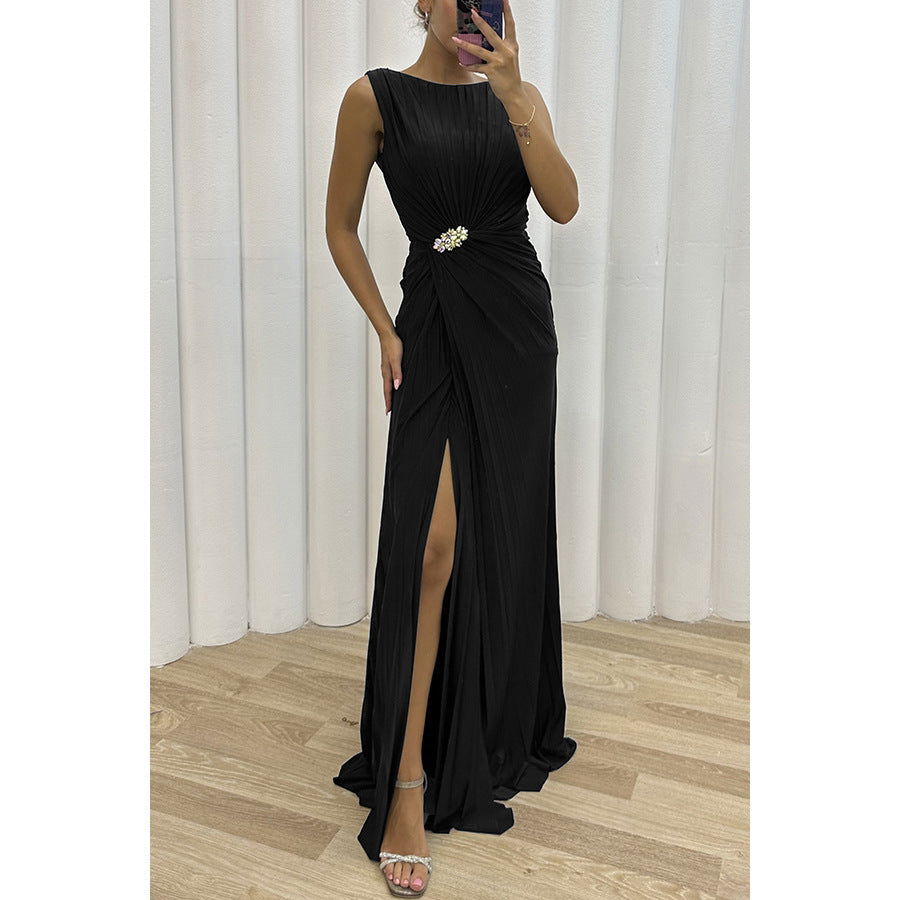 Pleated Sleeveless Ruched Waist Brooch High Split Maxi Dress