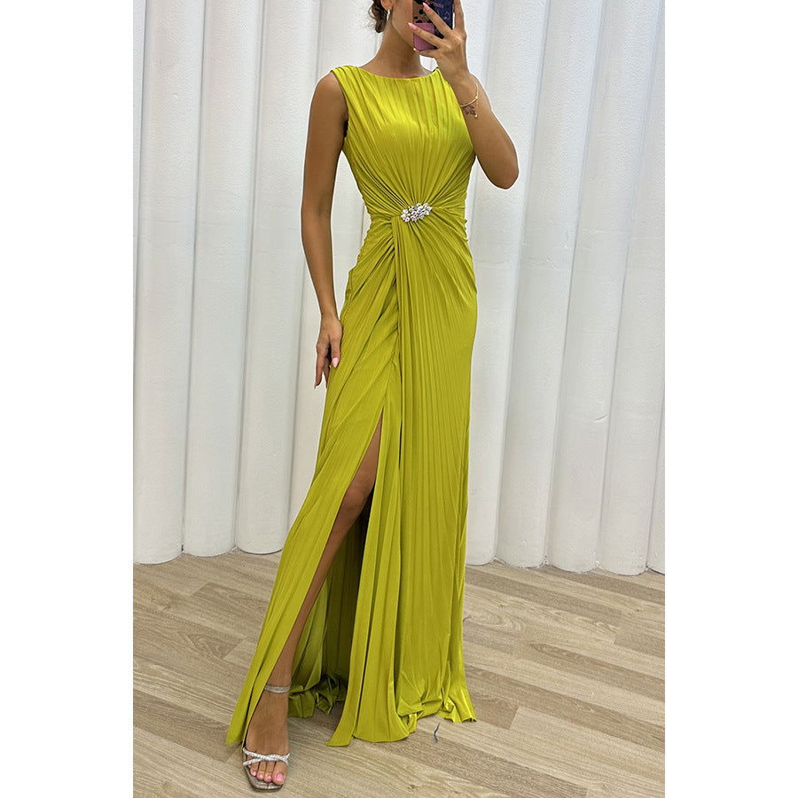 Pleated Sleeveless Ruched Waist Brooch High Split Maxi Dress
