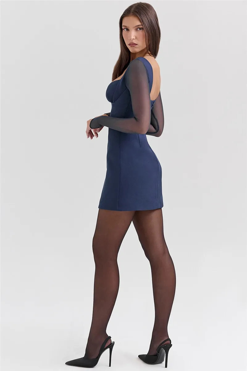 Plunge Neck Mesh Long Sleeve Corset Bodycon Mini Dress