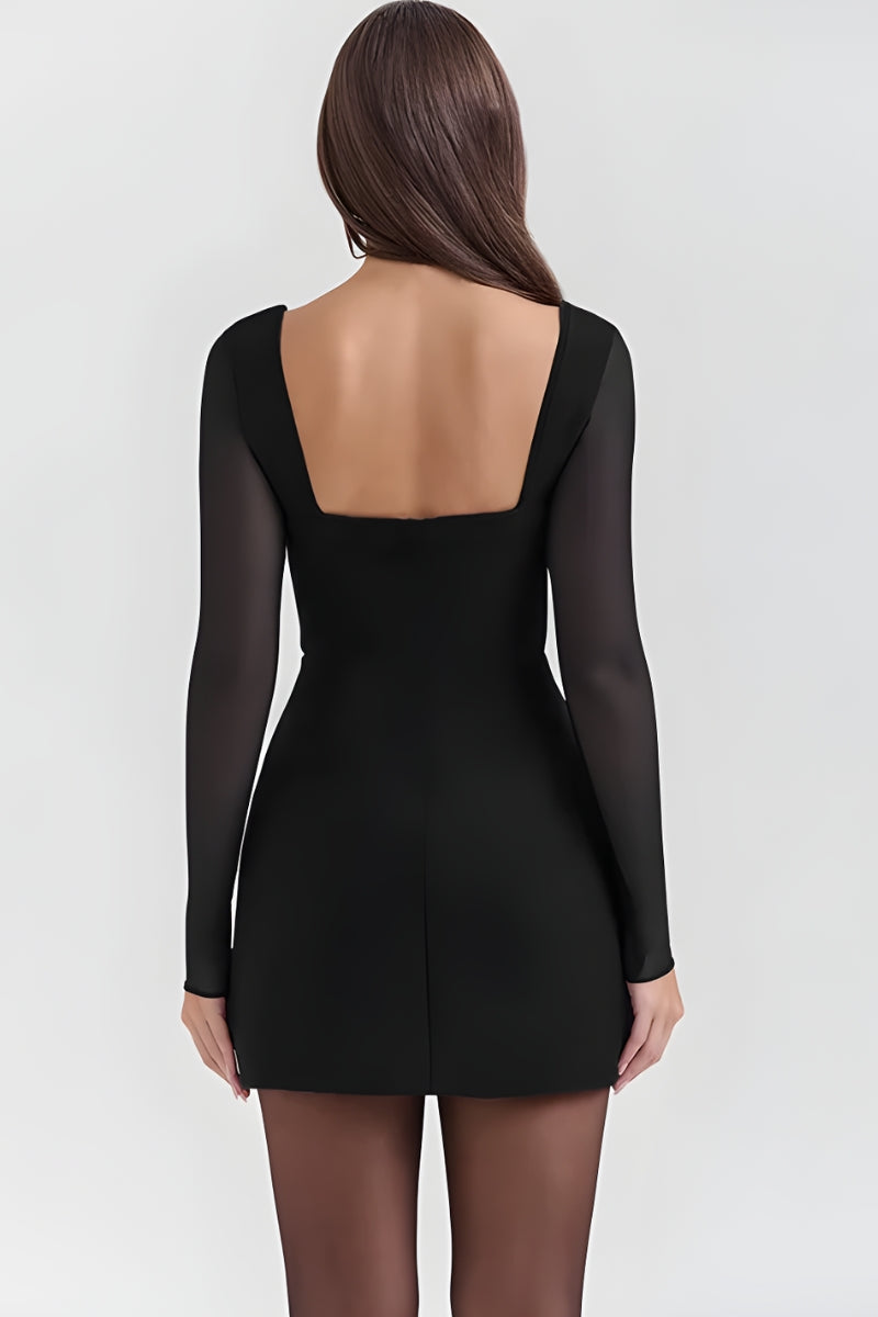 Plunge Neck Mesh Long Sleeve Corset Bodycon Mini Dress