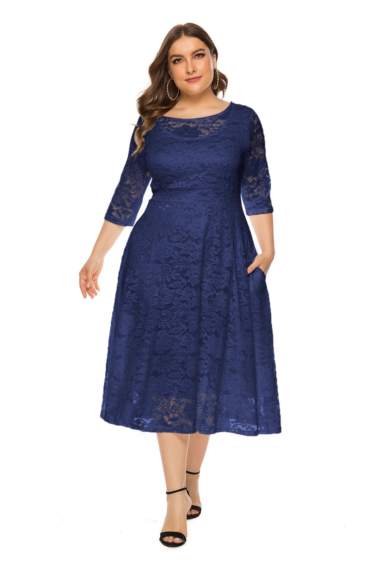 Lace Overlay Boat Neck Three Quarter Sleeve Pocket Fit and Flare Midi Dress