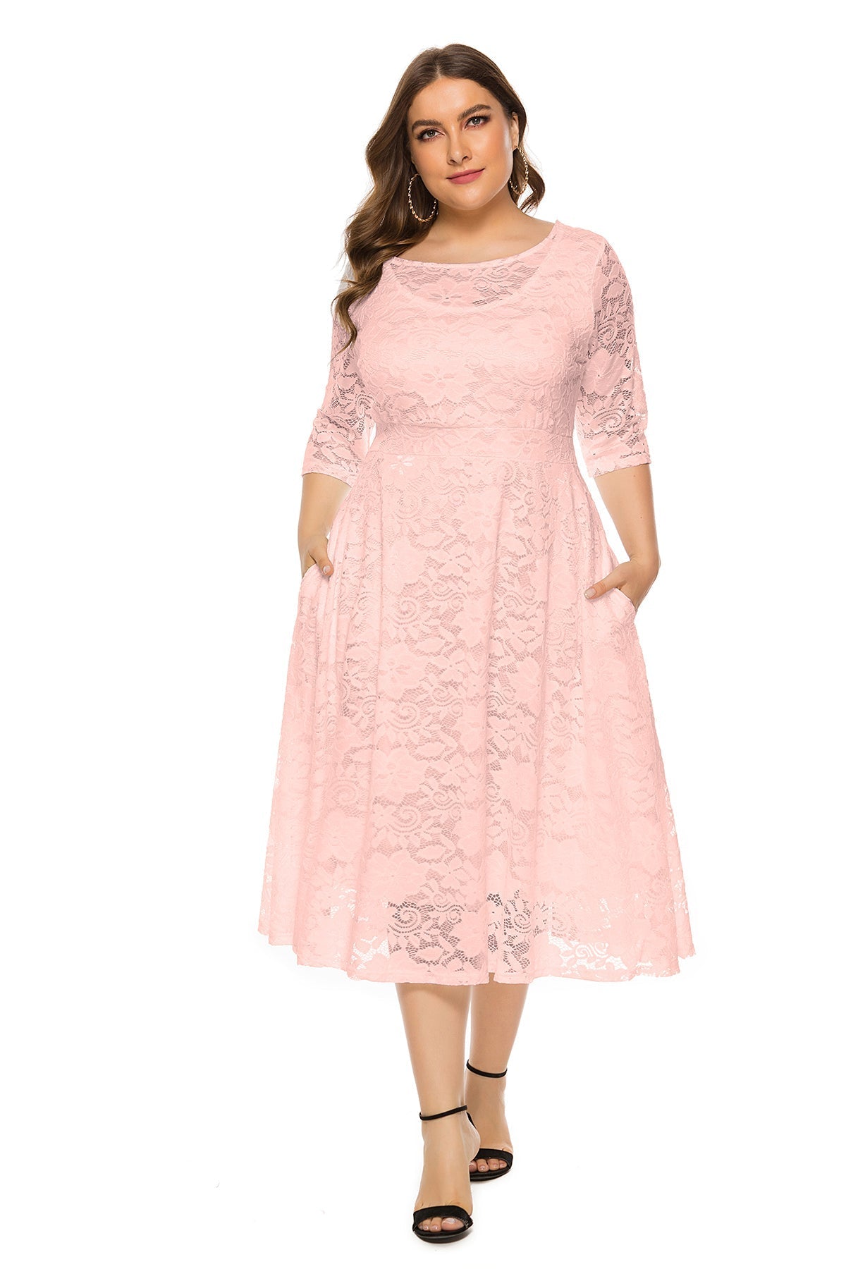 Lace Overlay Boat Neck Three Quarter Sleeve Pocket Fit and Flare Midi Dress