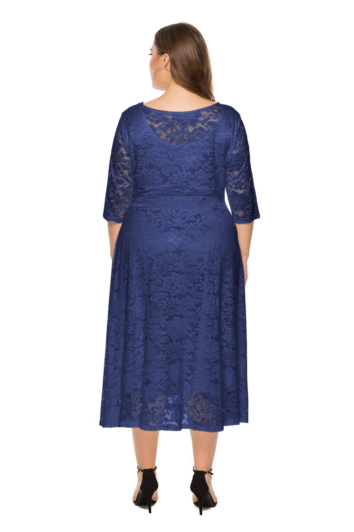 Lace Overlay Boat Neck Three Quarter Sleeve Pocket Fit and Flare Midi Dress