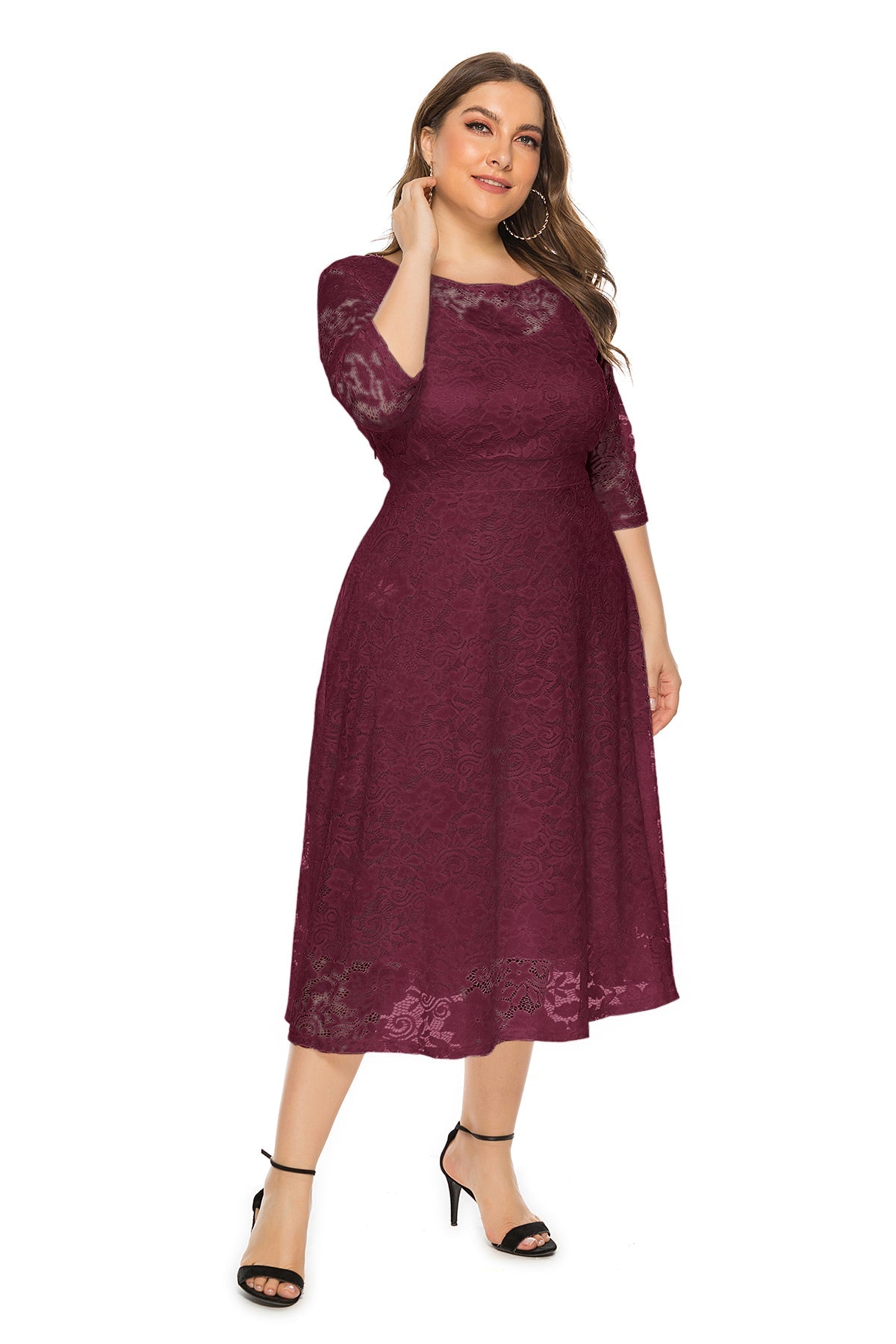 Lace Overlay Boat Neck Three Quarter Sleeve Pocket Fit and Flare Midi Dress