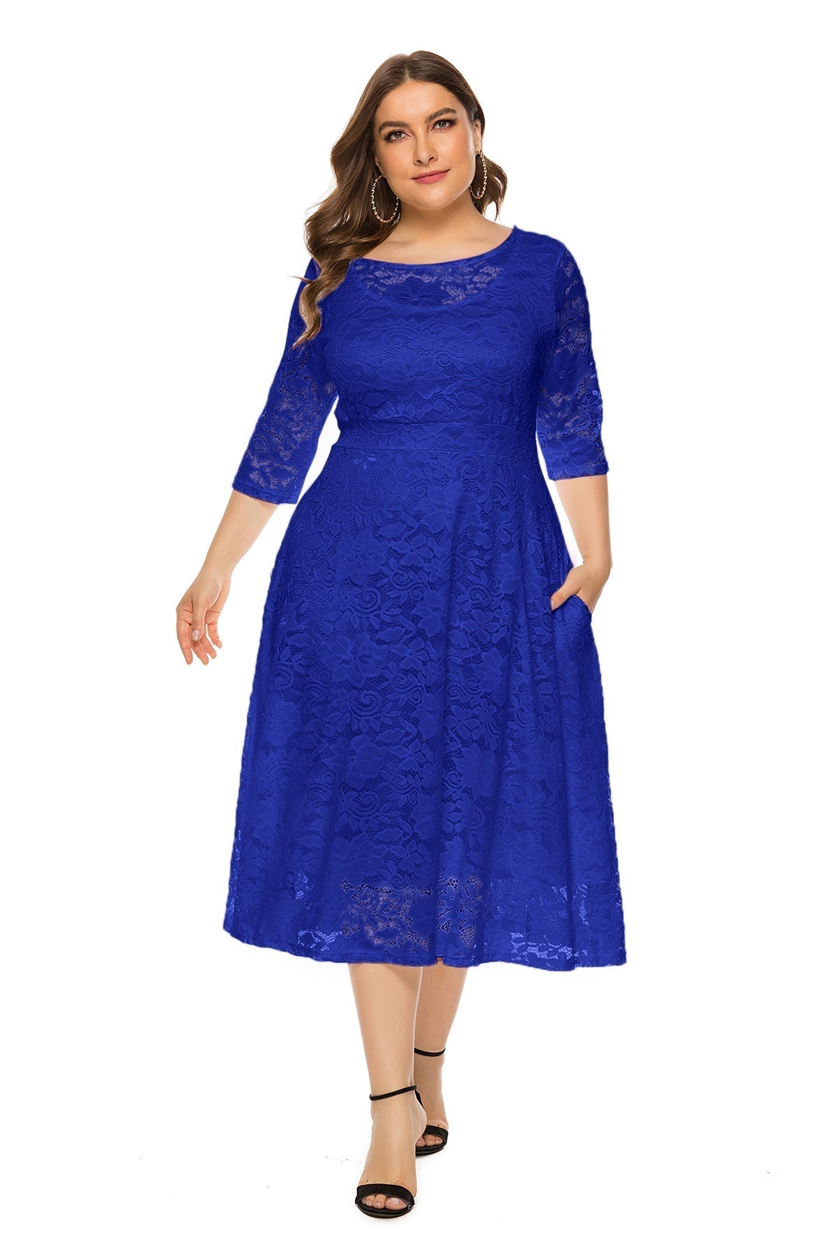 Lace Overlay Boat Neck Three Quarter Sleeve Pocket Fit and Flare Midi Dress