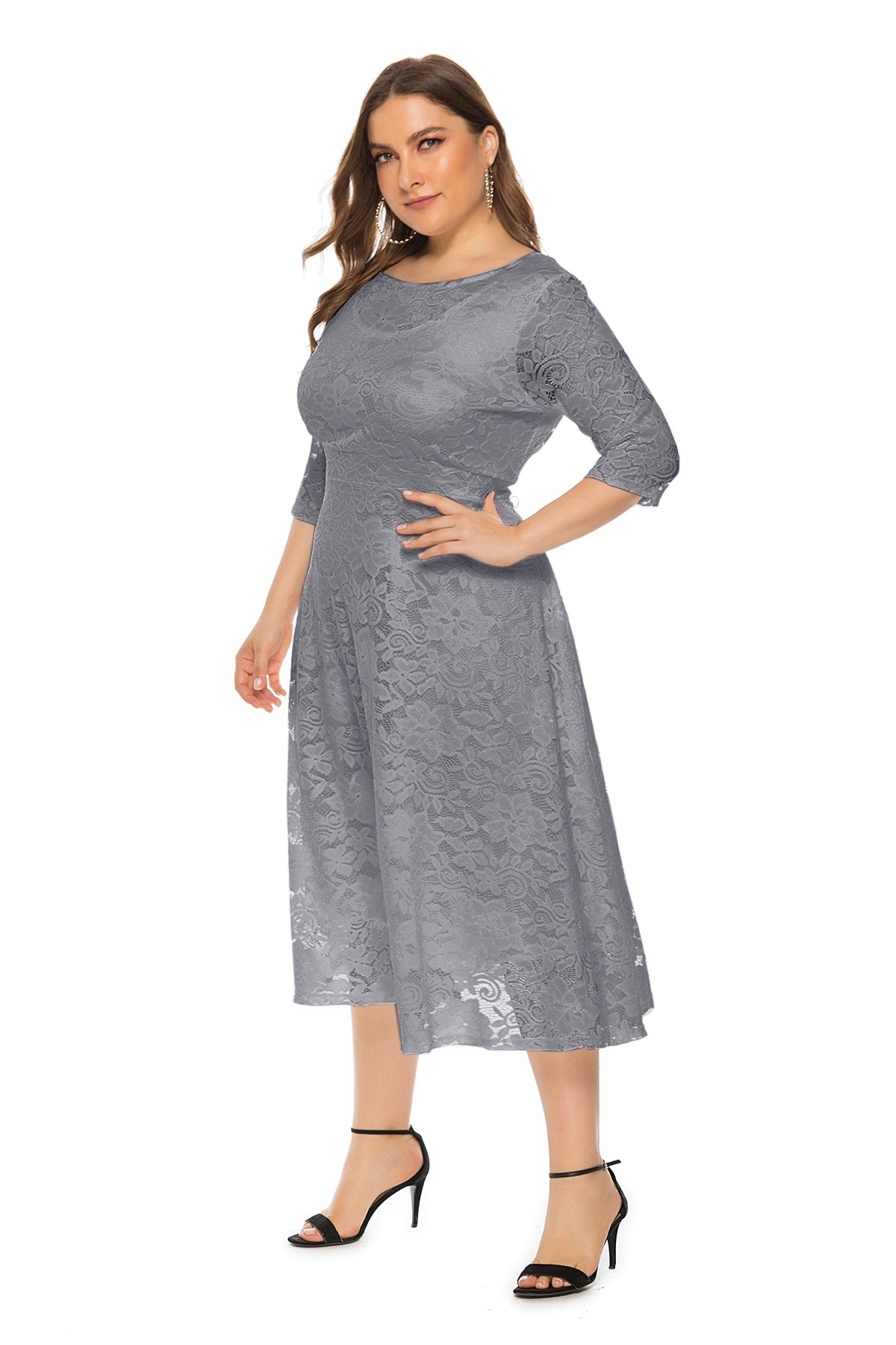 Lace Overlay Boat Neck Three Quarter Sleeve Pocket Fit and Flare Midi Dress