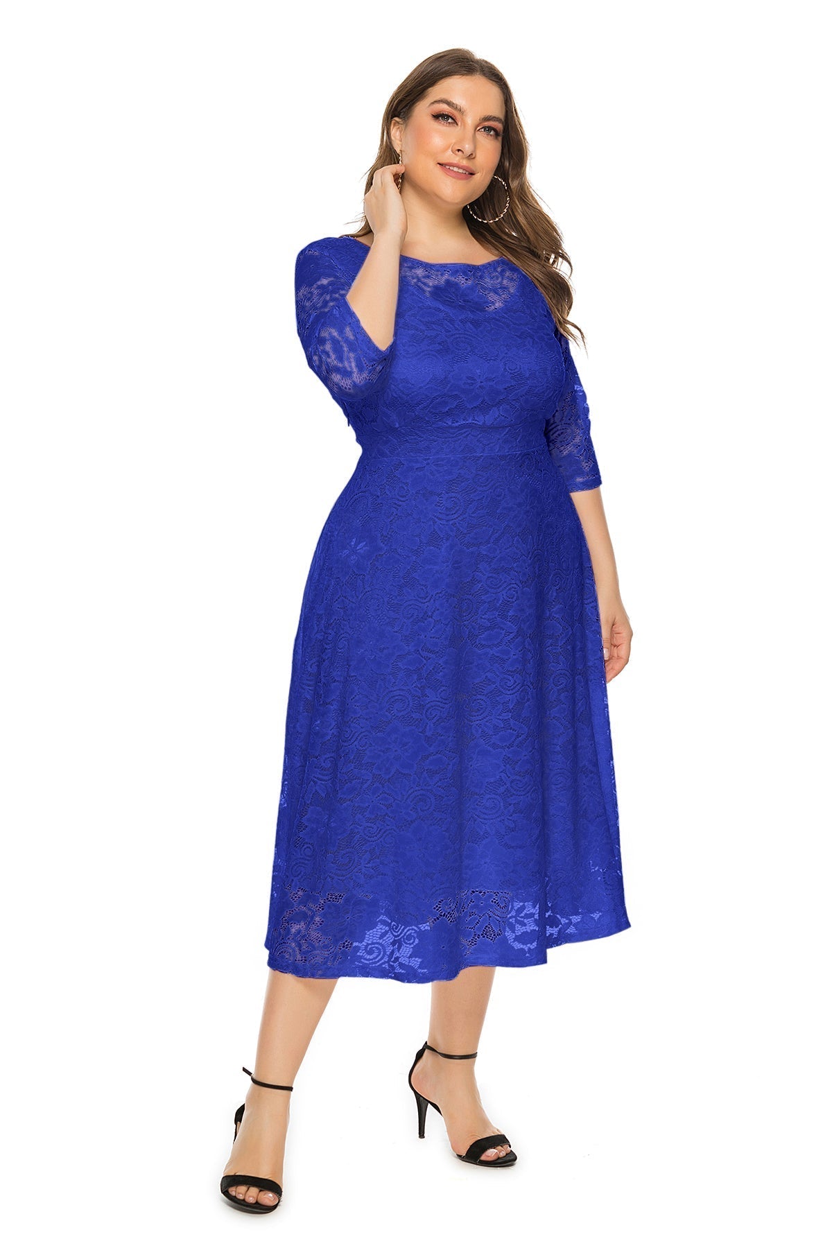 Lace Overlay Boat Neck Three Quarter Sleeve Pocket Fit and Flare Midi Dress