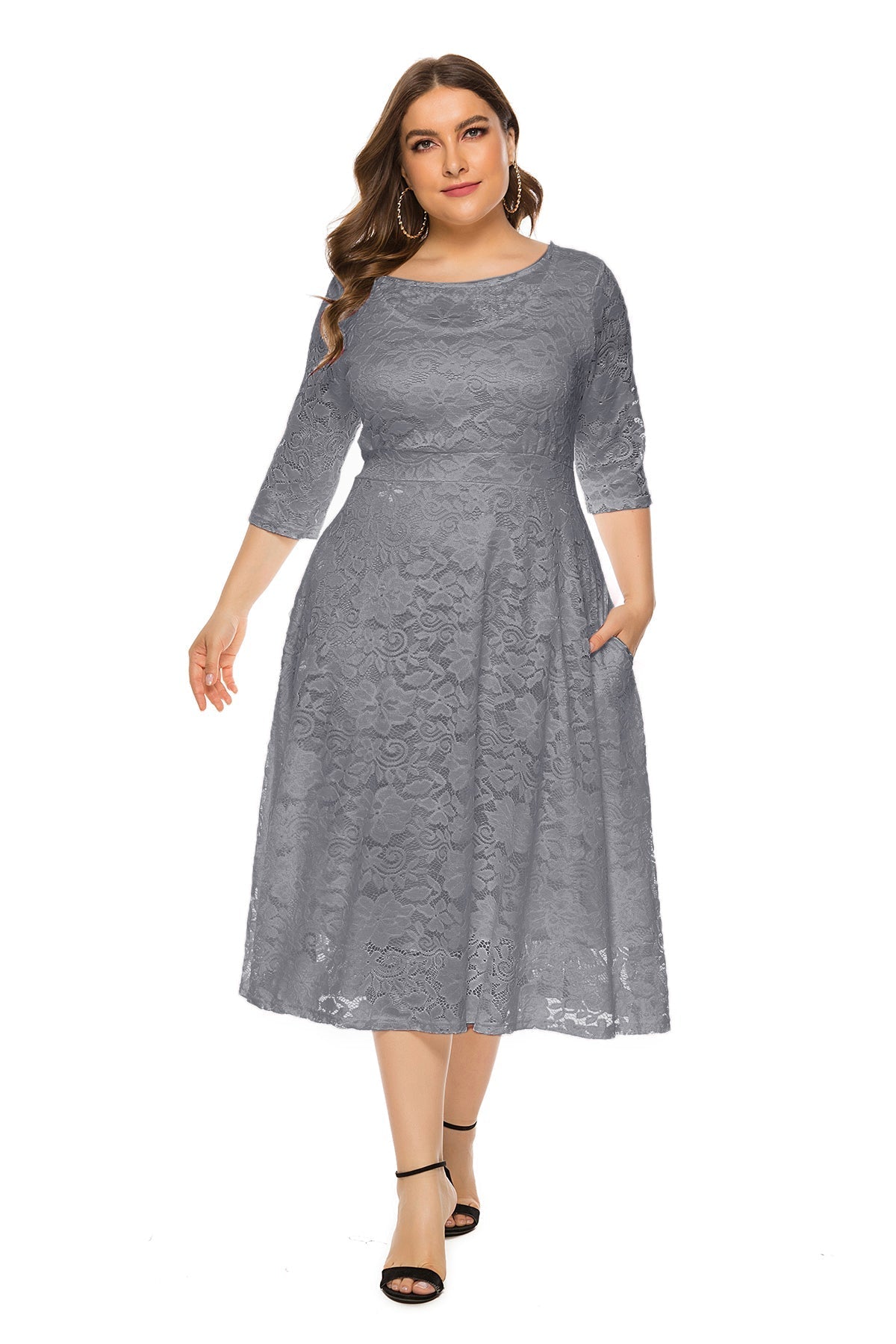 Lace Overlay Boat Neck Three Quarter Sleeve Pocket Fit and Flare Midi Dress
