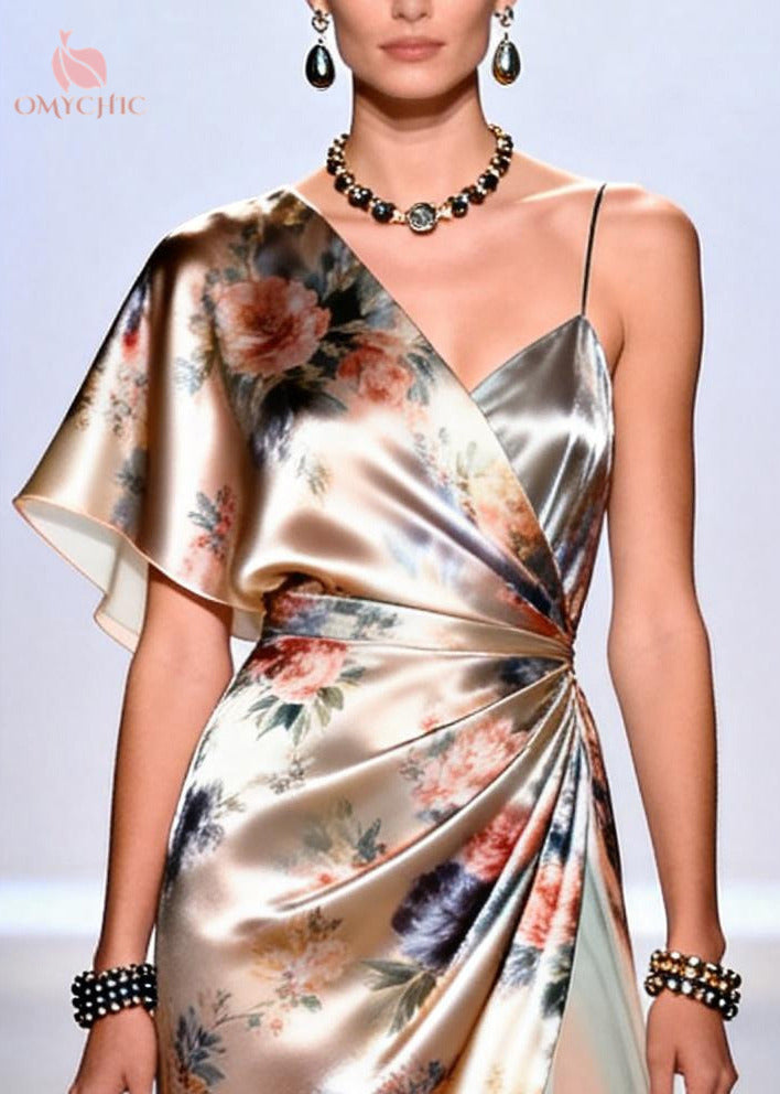 Floral One Shoulder Flutter Sleeve Ruched Wrap Satin Midi Dress