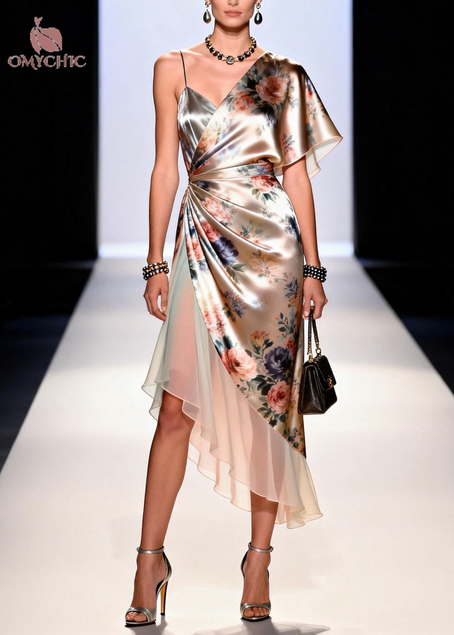 Floral One Shoulder Flutter Sleeve Ruched Wrap Satin Midi Dress