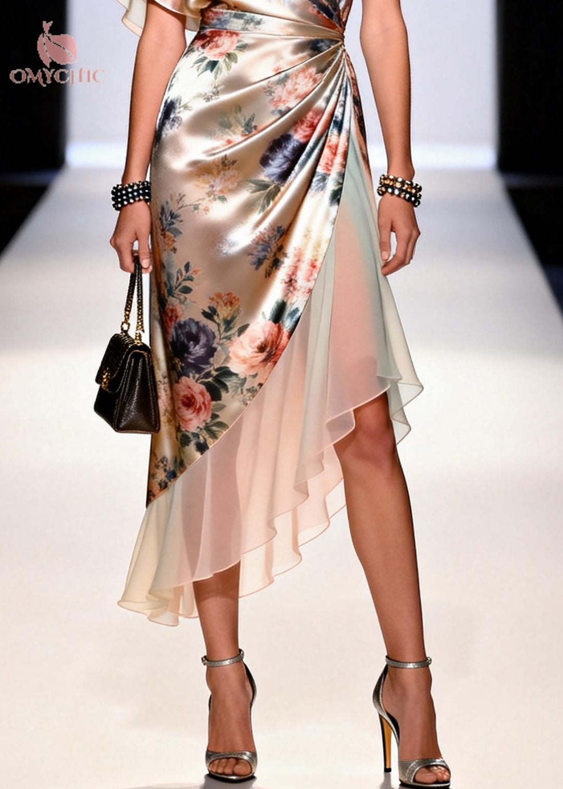 Floral One Shoulder Flutter Sleeve Ruched Wrap Satin Midi Dress