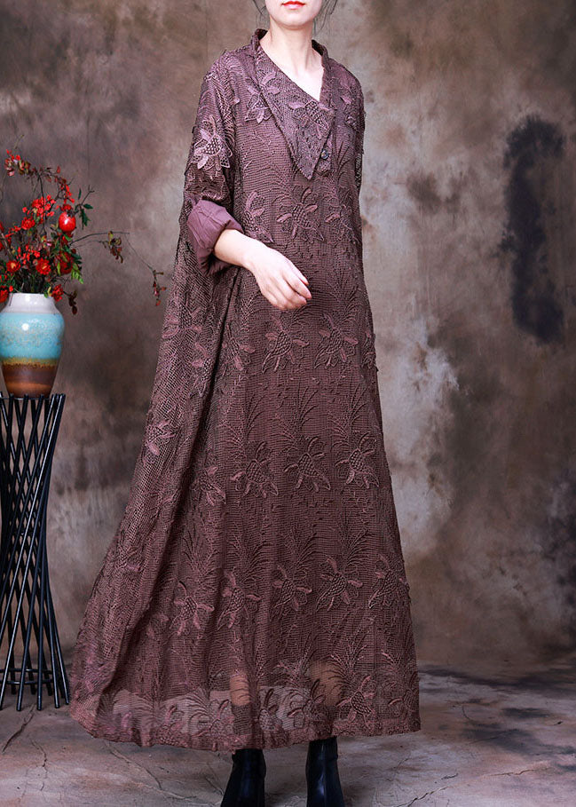 Floral Lace Embroidered Collar Deep V-Neck Long Sleeve Maxi Dress