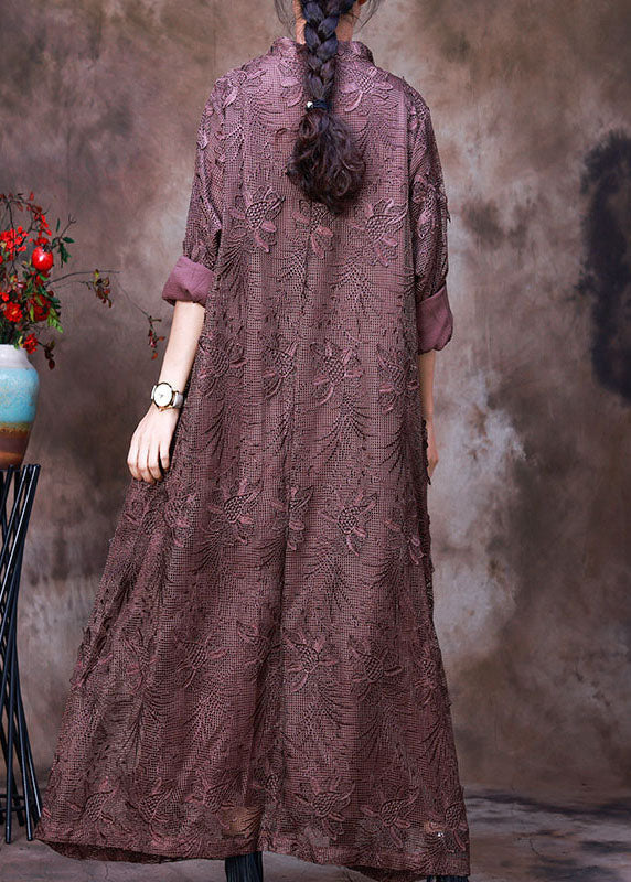 Floral Lace Embroidered Collar Deep V-Neck Long Sleeve Oversized Maxi Dress